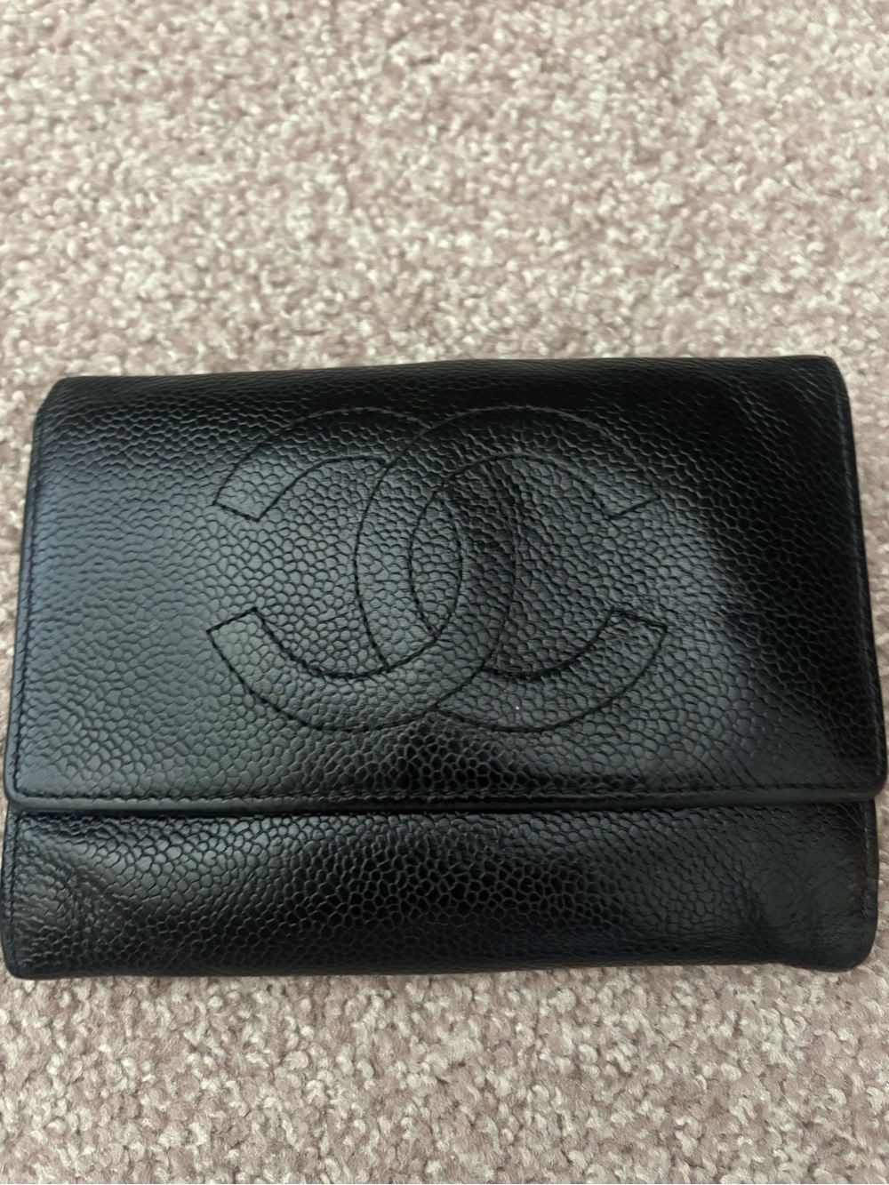 Auth CHANEL Caviar Timeless CC Wallet Black Leather Trifold Wallet READ